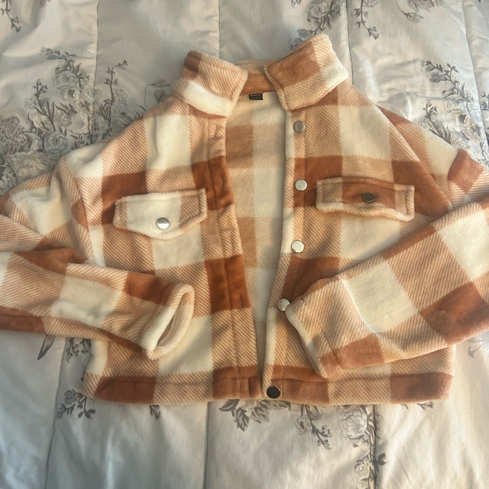 SHEIN Tan and Cream Plaid Teddy Jacket